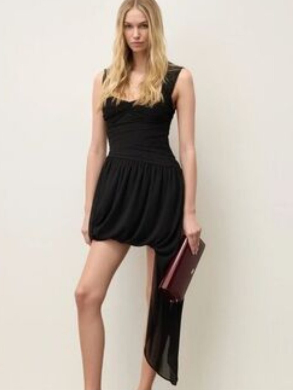 NWT zara Black Bubble Hem Chiffon Sweetheart Neckline Dress, Large